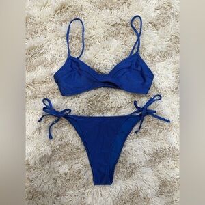 Aerie Shine Rib Twist Scoop Bikini Top & Bottom Color Blue Size- S